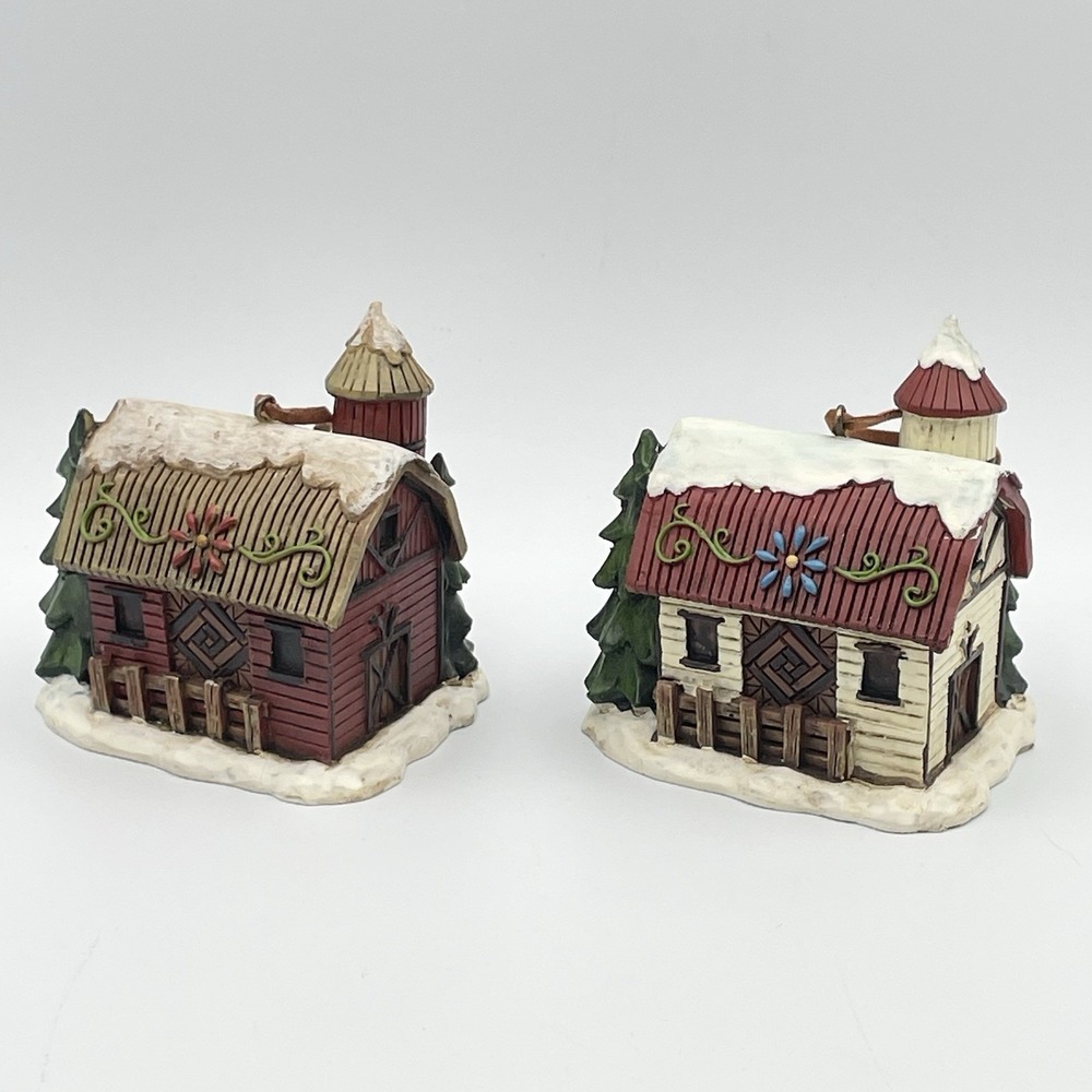 Vintage 1990s Resin Snow Barn Christmas Ornaments Lot of 2 Farmhouse Cabins